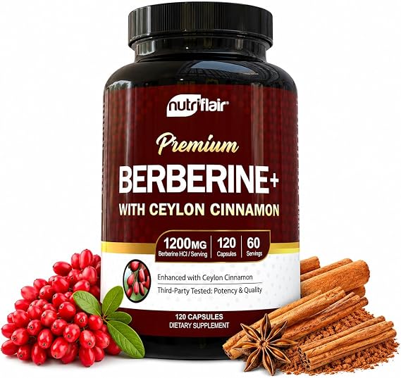 NutriFlair Berberine HCl 1200mg, 120 Capsules - Plus Ceylon Cinnamon, Berberine HCI Root Supplements Pills - Made in USA