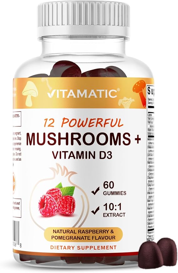 Vitamatic Mushroom Complex Gummies with D3 Plant-Based Botanical Extract Pectin-Based, Non-GMO Herbal Supplement Gummies 60 Count