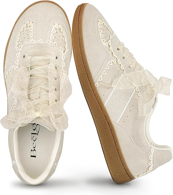 Casual Sneakers for Women Lace Detail Elegant Ribbon Lace-Up Fashion Sneakers with Leather Upper Memory Foam Insole and Trendy Casual Shoes for Women