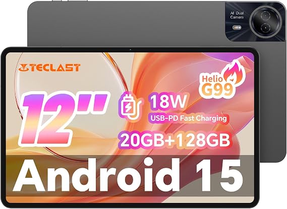 TECLAST T60Pro 2K Tablet 12'' Android 15 Tablet, 20GB+128GB(1TB TF), 8 core G99, 8000mAh/15W Fast Charge, 2.4GHz+5GHz WiFi, GPS, Four Speakers, Widevine L1, Exclusive Keyboard connectable