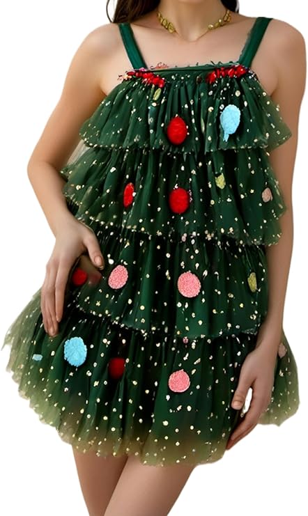 Women Christmas Tree Green Dress Sleeveless Shiny Stars Layered Tulle Dresses Cake Smash Party Cocktail A Line Mini Dress