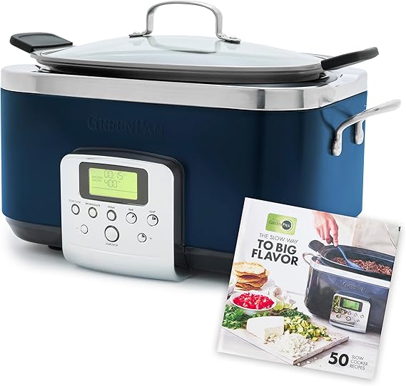 GreenPan Elite 8-in-1 Programmable 6 Quart Electric Slow Cooker, GlassLid & Removable Crock, PFAS-Free Healthy Ceramic Nonstick Multi-Cooker,Sear, Saute/Brown,Roast, Cobalt Blue + Slow Cooker Cookbook