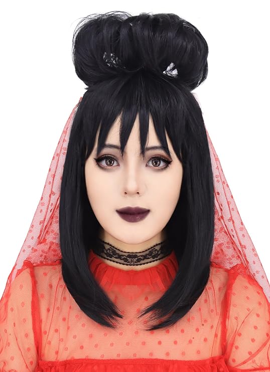 Ruina Black Wig for Bride Lydia Costume Women Medium Length Black Wig with Buns Cute Soft Wigs for Scary Halloween Costume Women R037BK | Medium Length Cute Soft Wigs for Scary Halloween Costume Cosplay