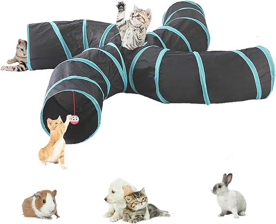 Lightweight Collapsible 5 Way Cat Tunnel with Pompom and Bells,Interactive Crinkle Pop Up Maze House Toy for Cat,Small Rabbits,Kittens,Puppy, Ferrets, Guinea Pig (4 way S-shape, Blue/Black)