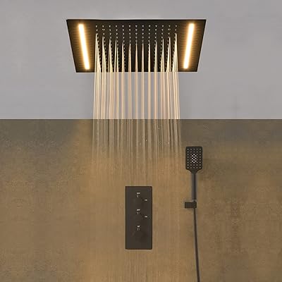 Cascada Thermostatic 14 x 20 Inch LED Shower System with 2-Way thermostatic valve, Top Spray Shower and Push Button Hand Shower Antique Brass