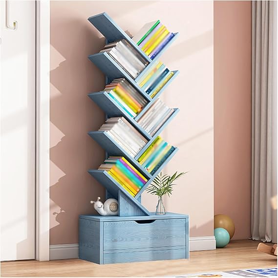 Tree Bookshelf with Drawer,Storage Display Shelf,Floor Standing Bookcase Vertical Book Shelves,Organizer Shelves for Living Room Office(Blue,10 Tier)