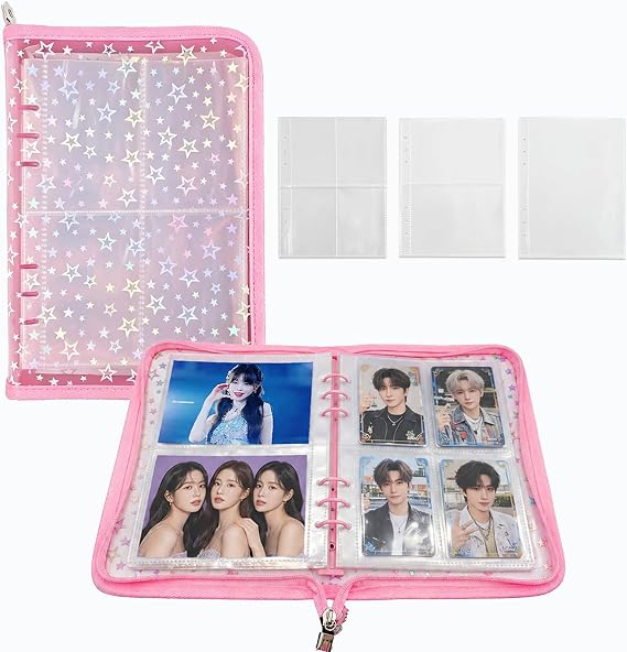 A5 Kpop Photocard Binder Holder with 50 Sheets Double Sided Sleeves for Polaroid Instax Mini Photo Album Zip Book Game Trading Sports Baseball Card Binder 6 Ring 4 Pocket Collector (Pink)