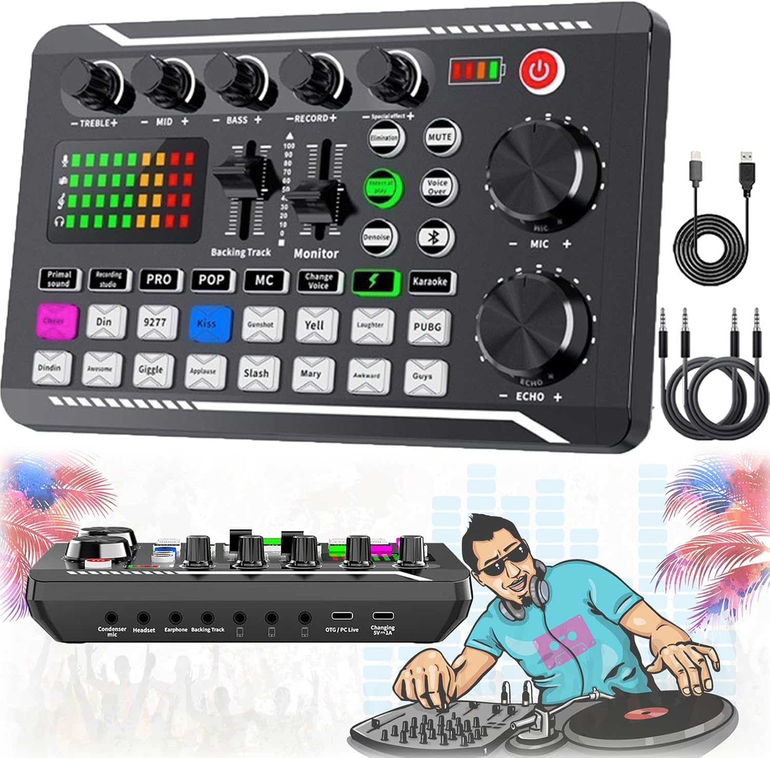 F998 Live Sound Card With DJ Mixer Effects & Voice Changer, 2025 New Audio Mixer, LED Light Professional Sound Mixer Board A