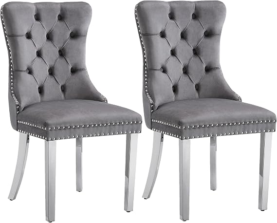 Grey Velvet Dining Chairs Set of 2, High-end Tufted Dining Room Chair with Back Ring Pull Trim and Silver Stainless Steel Legs, Modern Upholstered Kitchen Chair for Living Room