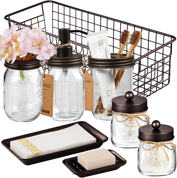 SheeChung 8PCS Mason Jar Bathroom Accessories Set Complete - Bronze