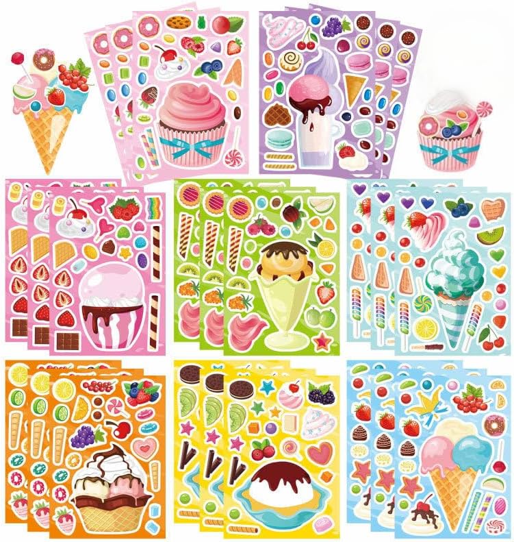 24 Sheets Cartoon Make a Face Stickers, Make Your Own DIY Stickers for Kids, Art Crafts Suitable for Birthday Party Supplies Gifts (Ice Cream and Cupcake)