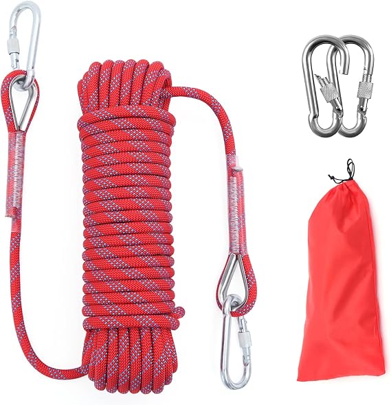10mm/12mm (32FT/64FT) Climbing Rope, Outdoor Static Rock Climbing Rope, Tree Climbing Rappelling Rope, Escape Nylon Rope, Ice Climbing Equipment Fire Rescue Parachute Rope with 2 Steel Hooks