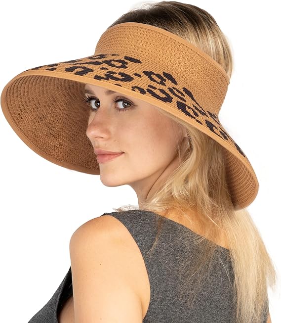 Women Sun Visors Foldable Straw Hats Summer Beach Packable Hat Floppy Wide Brim Cap Deep Style, Adjustable Size