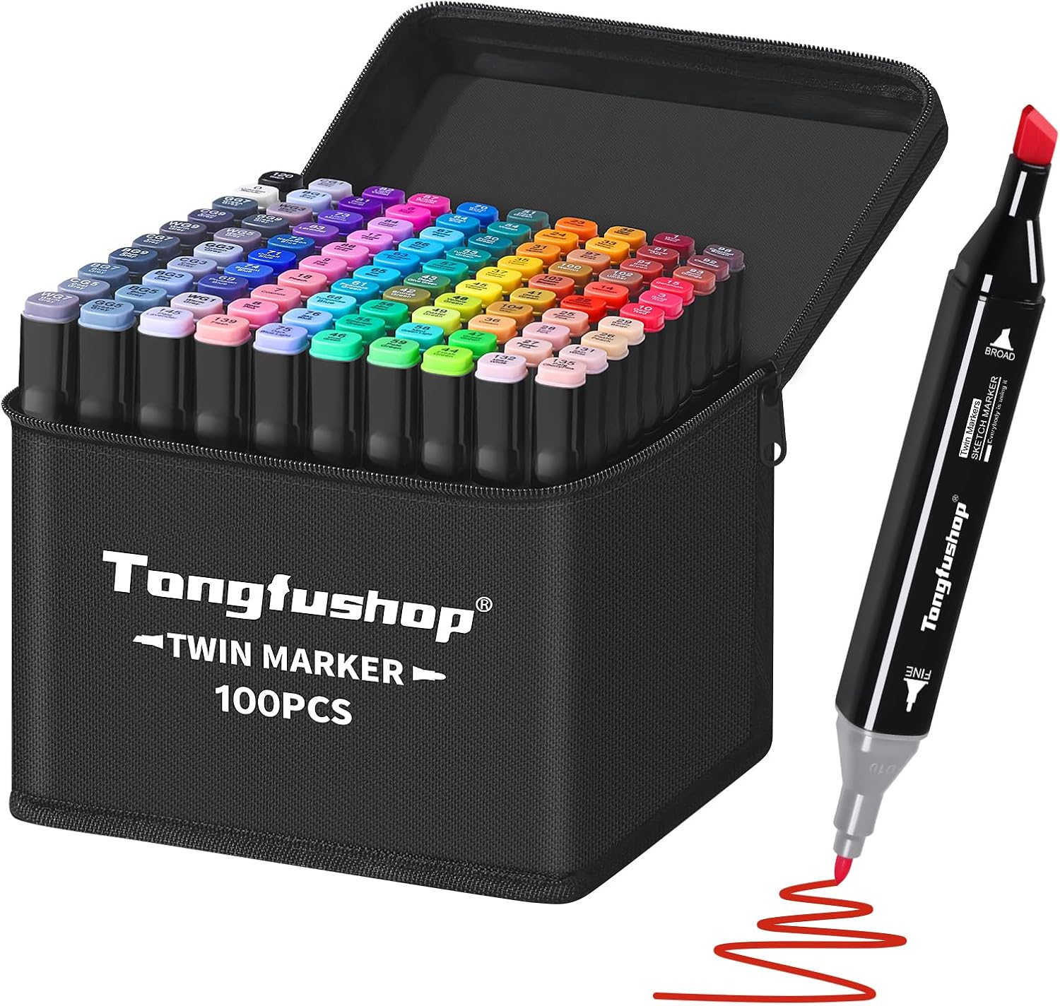 Tongfushop 100 Felt Tip Pens Set Twin Alcohol Markers 2 Seconds Quick Drying Art Sketch Permanent Art Pens for Adults Students Manga Design Drawing with Carry Bag & Spacer