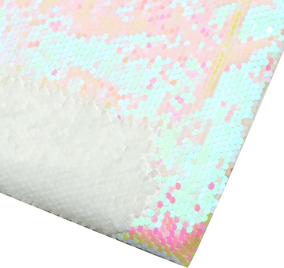 Sequin Fabric Shimmer Reversible Sequin Fabric, Quality Material Mesh Sequins for Sewing DIY Graffiti Wedding (AB White+White, 1 Yard)