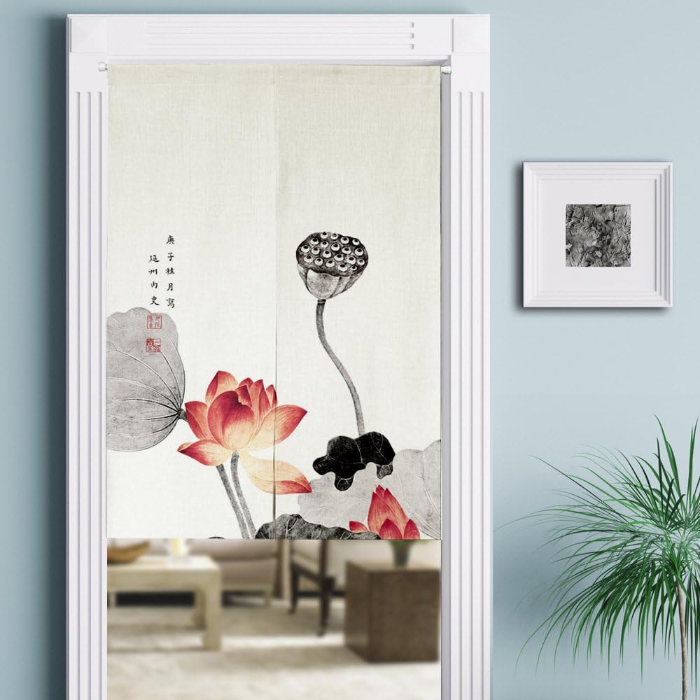 MYRU Japanese Noren Doorway Curtain Tapestry Entrance Feng Shui Door Curtain Red Lotus,33.5 Inches x 59 Inches