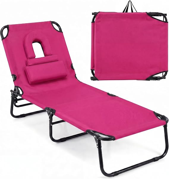 Goplus Tanning Chair, Folding Beach Lounge Chair with Face Hole, Removable Pillow, Carry Strap, Position Adjustable, Sunbathing Chair, Portable Outside Lounge Chair for Patio Pool