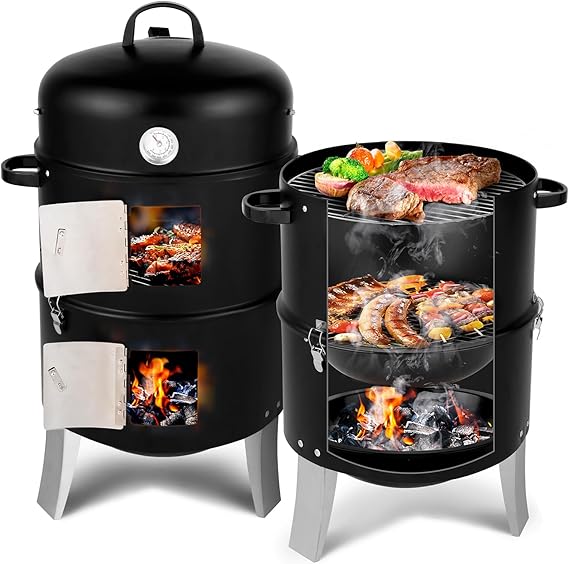 18 Inch Multi-Layer Charcoal BBQ Smoker Grill,Vertical Steel Charcoal Smoker, Heavy Duty Double Layer Round BBQ Grill for Outdoor Cooking, Black