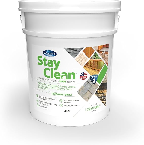 Seal-Once Stay Clean Moss Inhibitor & Cleaner Concentrate, 5-Gallon | For Roofs, Siding, Patios, Outdoor Surfaces, Moss Prevention, Grime Prevention, Powerful Solution
