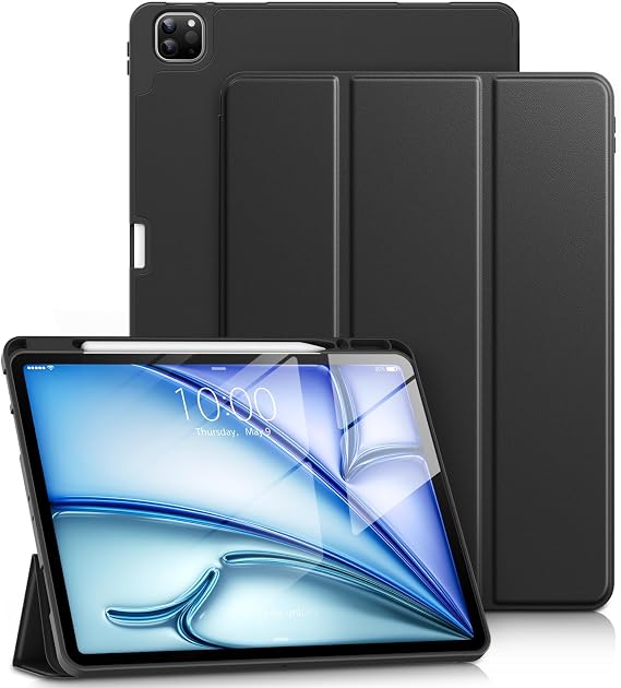 DTTO for iPad Pro 12.9 Case 6th/5th/4th/3rd Gen 2022/2021/2020/2018, Black | Slim Smart Trifold Stand Soft Cover for iPad Air 13 Inch with Pencil Holder, Auto Wake/Sleep