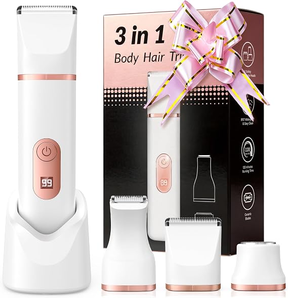 Lady Shavers for Women - 3-in-1 LED Display Bikini Trimmer & Facial Hair Remover, IPX7 Waterproof Electric Razor for Body, Legs, Underarms & Pubic Hair, Painless, Wet/Dry Use with USB Charge Dock
