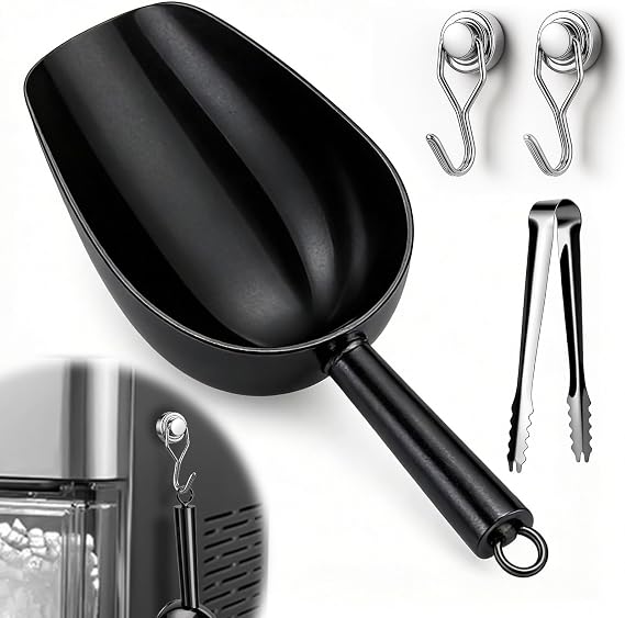 Juome 6oz Stainless Steel Ice Scoop for Freezer with Magnetic Holder, Black | Metal Ice Scoop for Ice Machine, Small Ice Cube Scooper for Freezer Bin for Ge Profile Opal 2.0 Nugget Ice Maker