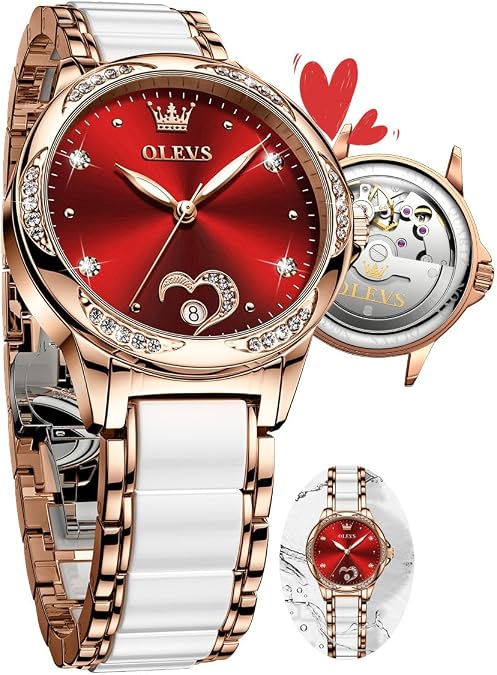 OLEVS Automatic Watches for Women Luxury Mother of Pearl Dial Ceramic Band | Dainty Diamond Self Winding Mechanical Ladies Watch,White and Rose Gold Band.A thoughtful Gift for Mother's Day,Birthdays Etc
