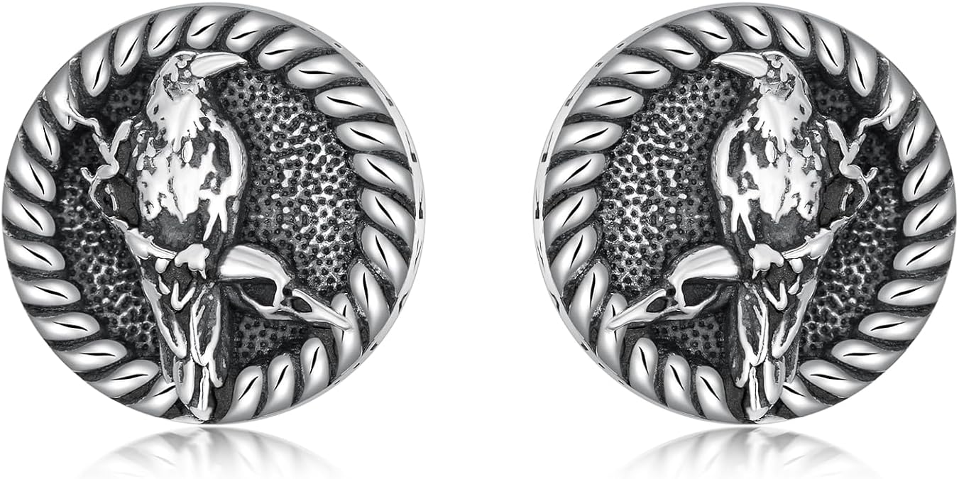 Viking Earrings for Men Women 925 Sterling Silver Raven Earrings Crow Skull Stud Earrings Viking Rune Earring Norse Jewelry for Birthday Christmas