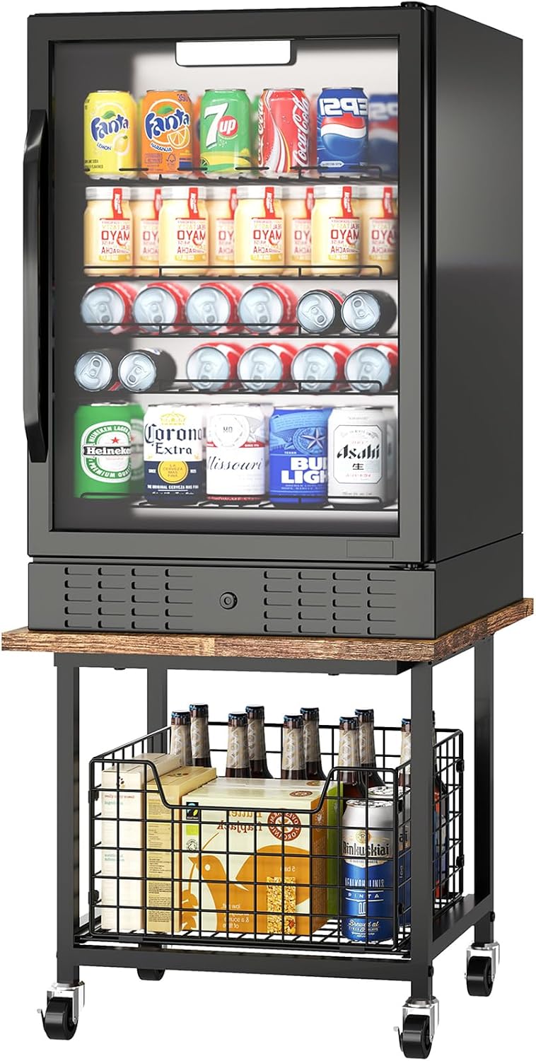 Mini Fridge Stand with Storage, Small Refrigerator Stand with Wheels, Mini Fridge Cabinet-Max Load 300 LBS Heavy Microwave Printer Stand Mini Fridge Cart for Dorm, Apartment, Kitchen, Office Brown