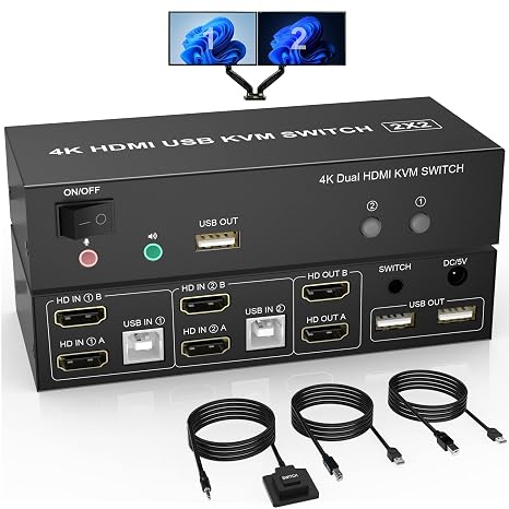 Dual Monitor KVM Switch HDMI 2 Port, 4K@60Hz Extended Display KVM Switch 2 Monitors 2 Computers with Audio Microphone Output and 3 USB Ports, PC Monitor Keyboard Mouse Switcher