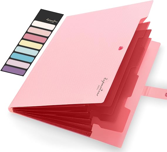 Sooez Accordion File Organizer, Expanding File Folder with Label, 5 Pocket | Folders for Document, Portable Paper Bill Receipt Organizer for Office College School Essential Supplies, Letter Size, Pink