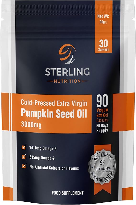 Pumpkin Seed Oil Capsules - Cold Pressed Extra Virgin, 90 Vegan Softgels (30 Days) | High Strength 3000mg with Omega 6 & 9 for Prostate, Urinary, Hair & Heart Support | STERLING NUTRITION