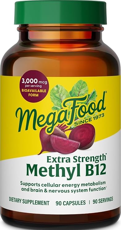 MegaFood Extra Strength Methyl B12 Vitamin, Cellular Energy, 90 Capsules | Bioavailable Vitamin B12, 3000 mcg, Supports Energy Metabolism and Nervous System Health, Beet Root, Vegan, 90 Servings