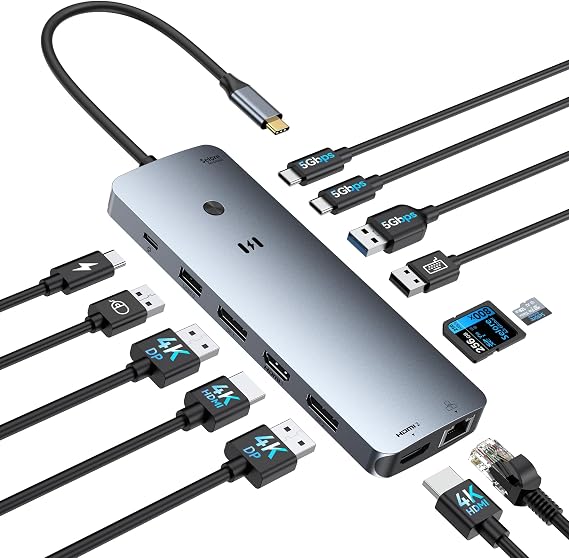 Selore Laptop Docking Station 3 Monitore USB C Hub mit 2 HDMI 2DP RJ45 Ethernet 5 Gbit/s USB C/A 100W PD SD/microSD für Dell/HP/Lenovo