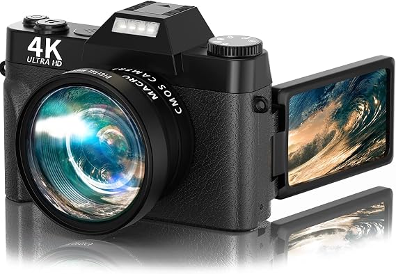 4K Digital Camera for YouTube, 48MP Vlogging Camera, 16X Digital Zoom, 3.0" IPS 30FPS 180 Flip Screen TopCam32 Zoom, 52mm Wide Angle Lens, Macro Lens, 2 Batteries and 32GB TF Card
