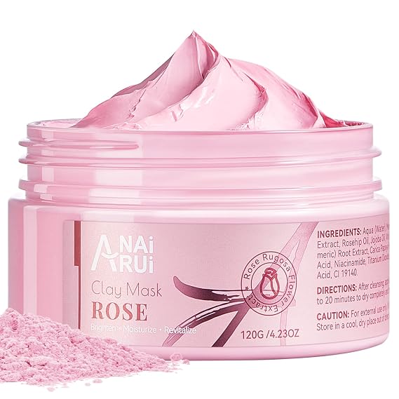 ANAI RUI Rose Facial Clay Mask, 4.23Oz | Deep Cleansing, Pores Minimizers, Moisturizing & Smooth Skin with Kaolin Pink Clay, Niacinamide, Collagen, Hyaluronic Acid