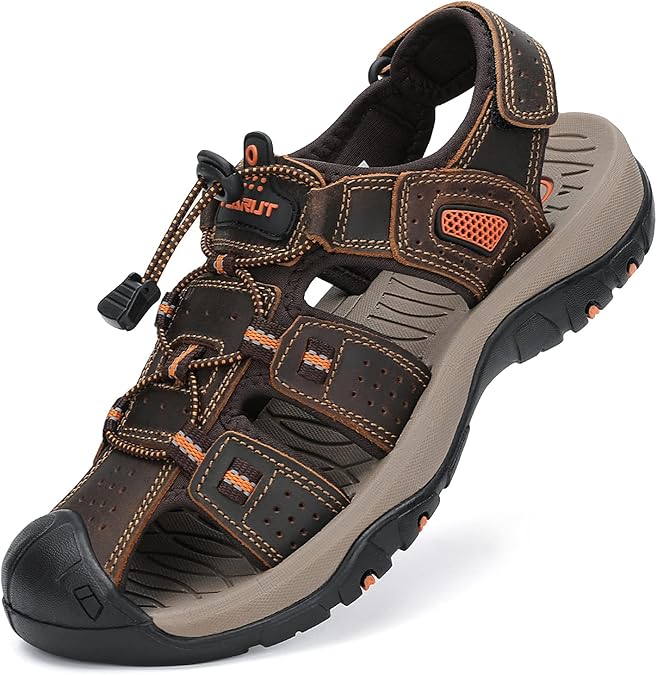 FLARUT Men's Sport Sandals Outdoor Hiking Sandals Closed Toe Leather Athletic Lightweight Trail Walking Casual Sandals Water Shoes
