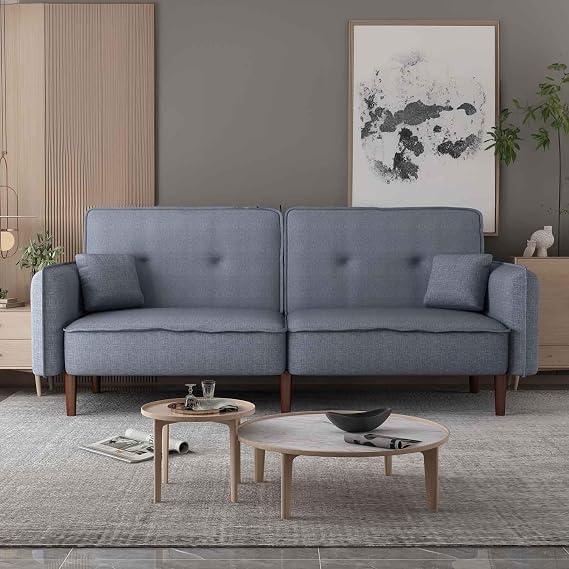 75 Futon Sofa Bed, Modern Sleeper Couch with Wood Legs/Magazine Bag, Folding Upholstered Recliner Sofa, Memory Foam Living Seat for Apartment/Office/Studio, Grey