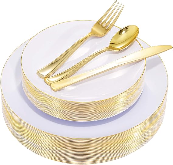 Nervure 125PCS Christmas Plastic Plates - Disposable White and Gold Plates | 25 Dinner Plate, 25 Salad Plate, 25 Forks, 25 Knives, 25 Spoons for Wedding & Parties & Thanksgiving, BPA-Free, Heavy-duty
