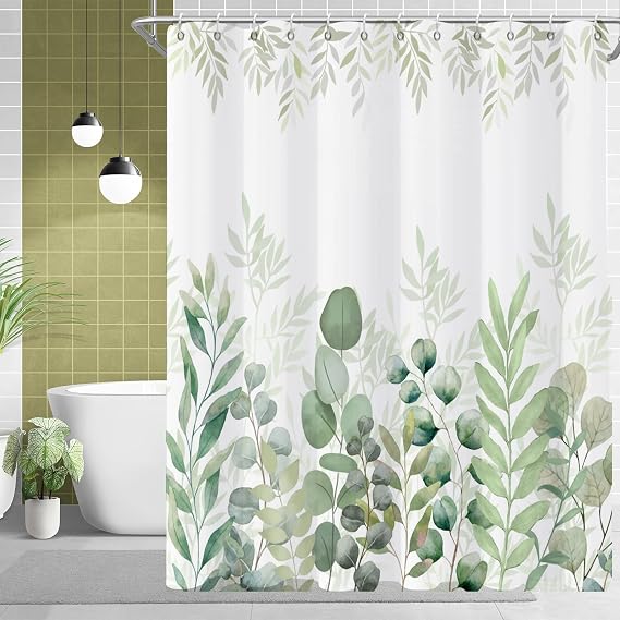 Sage Green Eucalyptus Shower Curtain Leaf Plant Herbs Spring Nature Waterproof Fabric Machine Washable with Hooks for Bathroom Bathtub 72x72