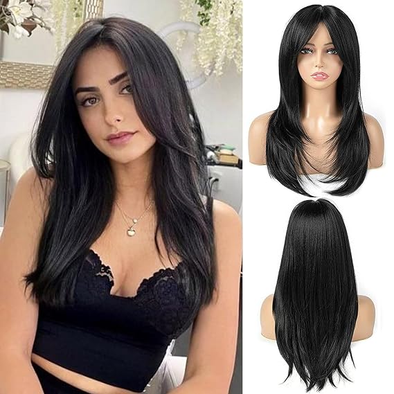 Black Wigs for Women 22 Inch Layered Wig With Bangs Natural Looking Shoulder Length Wig Heat Resistant Synthetic Fibre Wigs for Daily Party Use(Black)