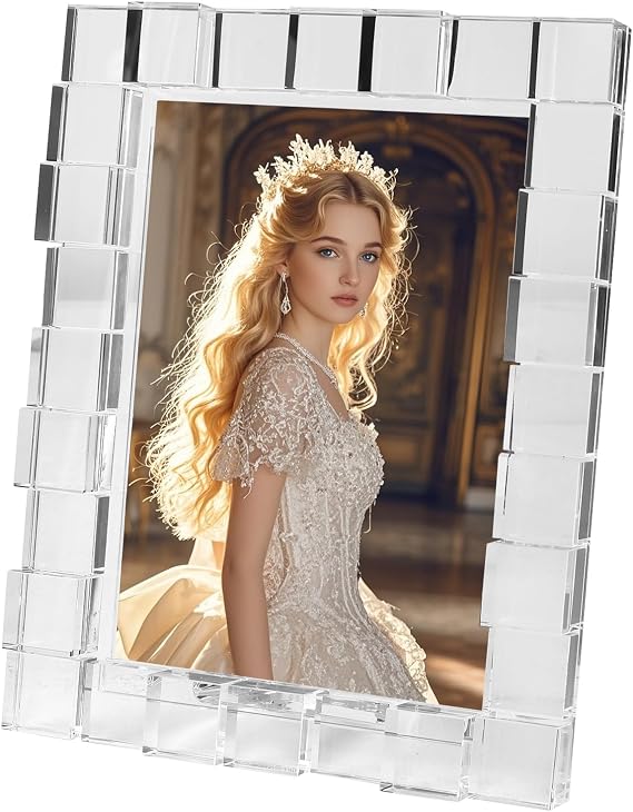 kitCom Luxury Crystal Picture Photo Frame,Plaid Diamond Craft,Crystal Wedding Frame of Keepsake Photo Frames, Tabletop Display Decor Frame, Clear with Gift Box (5" x 7")