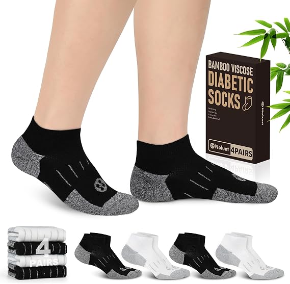 Diabetic Socks for Men,4 Pairs Low Cut Bamboo Viscose Wide Mens Diabetic Socks Size 9-12 10-13(Black+White-Large)