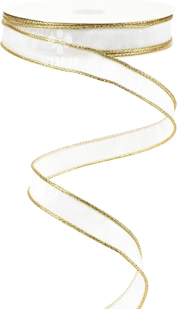 MEEDEE 1 inch White and Gold Luster Cord Ribbon 25 Yards Faux Dupioni Silk Wired Ribbon for Christmas Tree, Garland, Wreath, Gift Wrapping, Floral Arrangements, Accent Bow or Home Decor