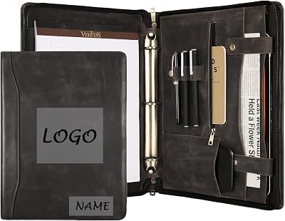 Handmade Leather Portfolio for Men and Women, Personalized Leather Padfolio for Left-Handed, Business Portfolio Organizer with A4 Notepad Holder Grey, Custom