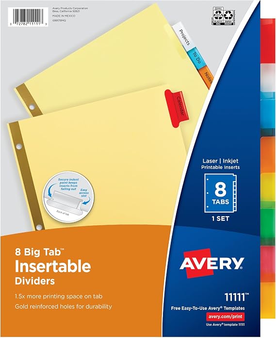 Avery Big Tab Insertable Dividers, 8-Tab, Multicolor, 1 Set