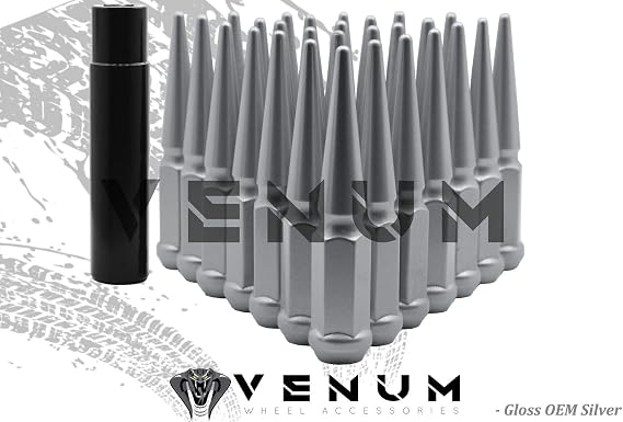 Venum wheel accessories 32 Pc M14x1.5 OEM Silver Spike Lug Nuts - Powder Coated - 4.5" Tall Compatible with RAM 2012-2020 Truck 2500 3500 Dually HD 8 Lug W/Aftermarket Wheels