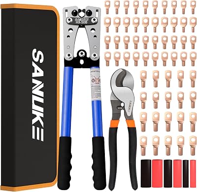 Sanuke Battery Cable Lug Crimping Tool Kit with Cable Cutter 60pcs Ring Terminals 60pcs Heat Shrink Tubing and A Bag, Wire Crimper for AWG 10-10 Electrical Lug