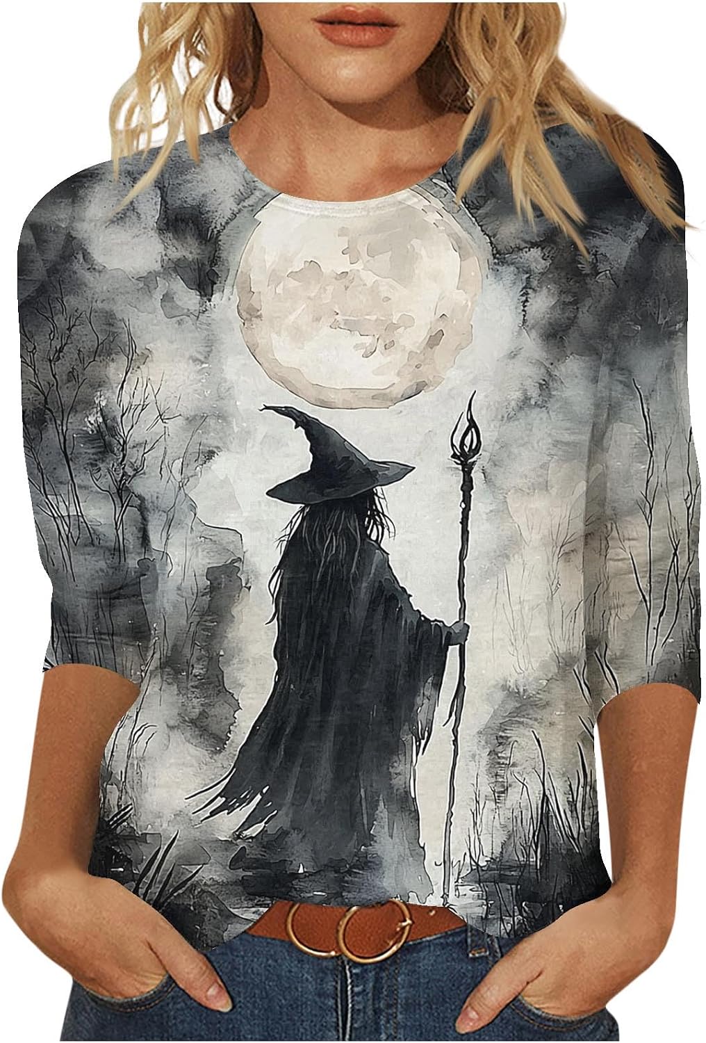 2025 Halloween Shirts for Women 34 Sleeve Witch Graphic Tees Vintage Festival Tops Crew Neck Sweatshirts Funny Gifts