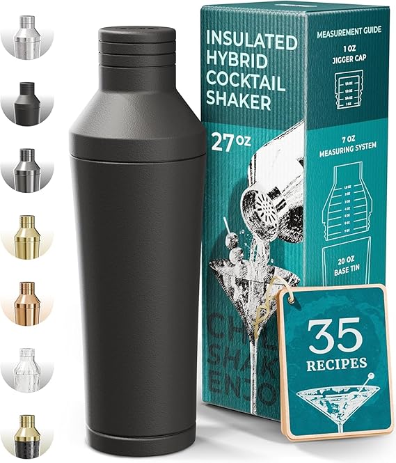 BARE BARREL Insulated Cocktail Shaker Set | Double Wall Stainless Steel | Martini Shaker for Home Bar Bartending | Built-in Drink Measure System & Strainer, Travel Bag, Recipes | Gift Set (Matt Black)